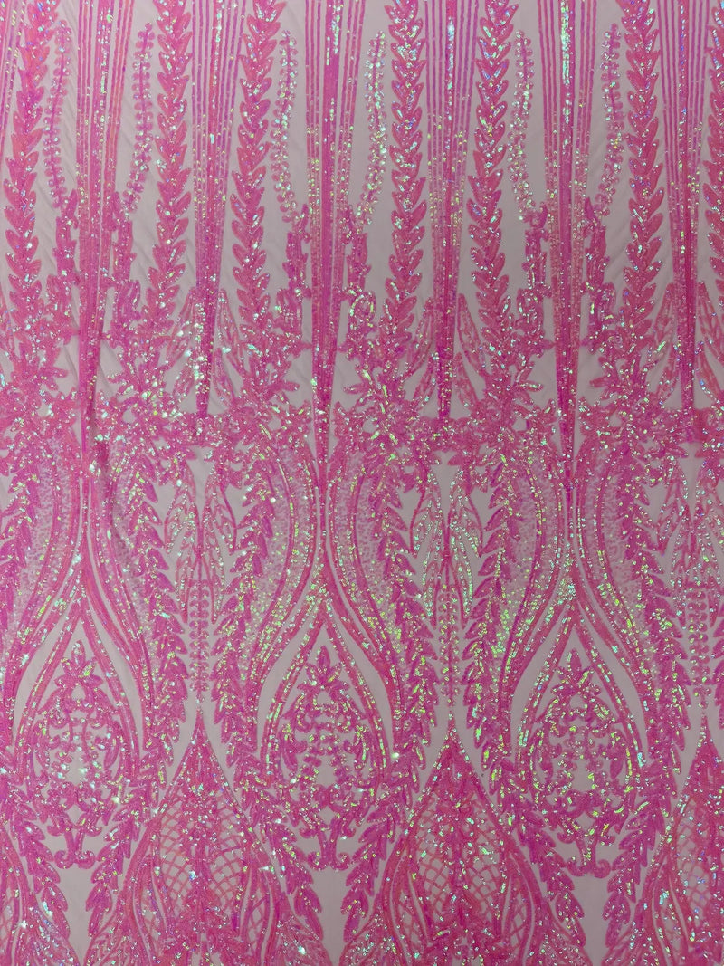 Mermaid Design Fabric - Candy Pink - 4 Way Stretch Sequins Fabric on Lace Mesh Sold By Yard