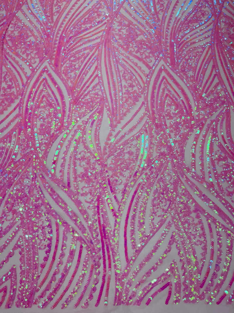 Curvy Design Sequins Fabric - Candy Pink - 4 Way Stretch Curvy Sequins Design Mesh Fabric by Yard