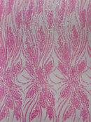 Wavy Leaf Design Fabric - Candy Pink - 4 Way Stretch Sequins Lace Mesh Leaf Design Fabric by Yard