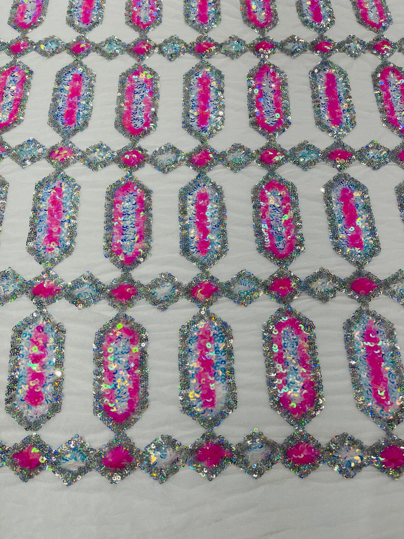 Geometric Stretch Sequin - Candy Pink on White  - Fancy Gem Design on Mesh By Yard