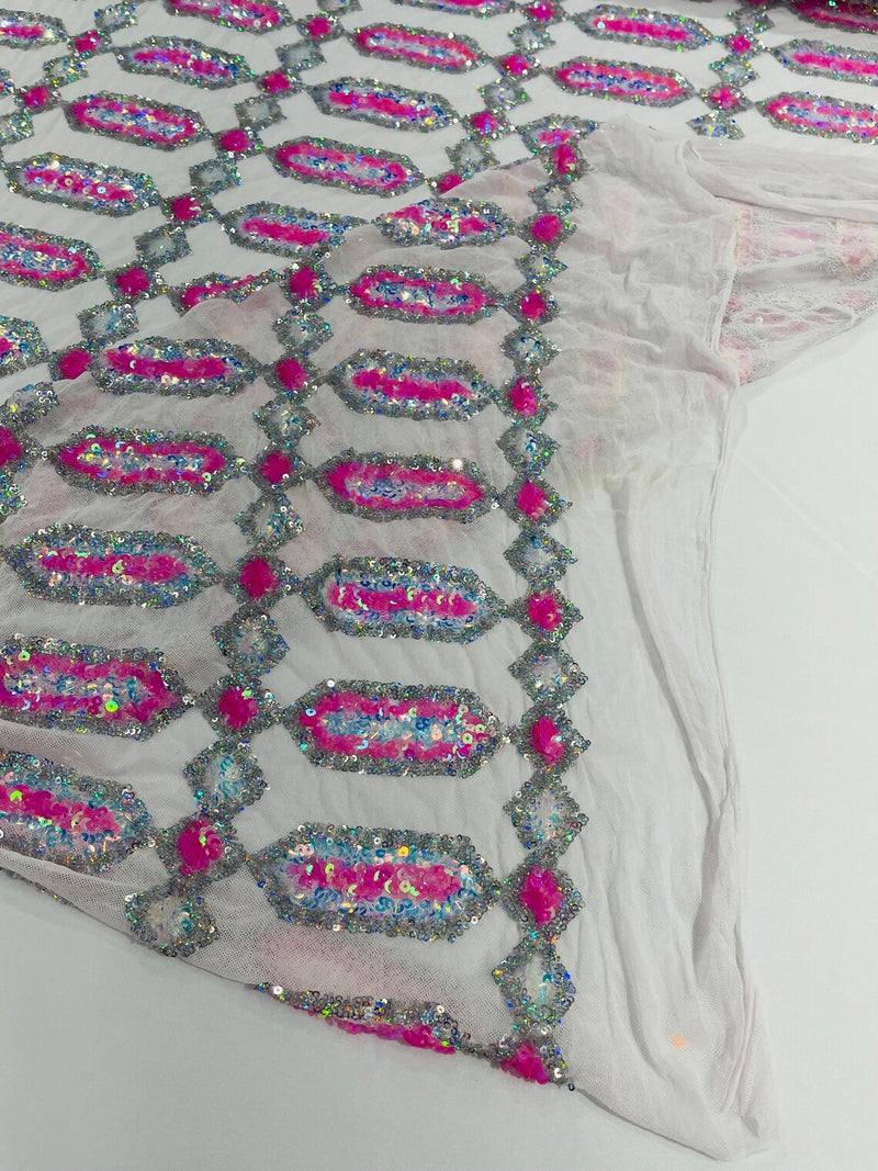 Geometric Stretch Sequin - Candy Pink on White  - Fancy Gem Design on Mesh By Yard