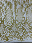 Gold Damask Design Glitter Fabric - Gold - Tulle Glitter Mesh Line Design Fabric Sold By Yard