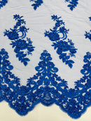 Royal Blue Beaded Fabric - Floral Beads and Sequins Embroidered on a Mesh Sold By Yard