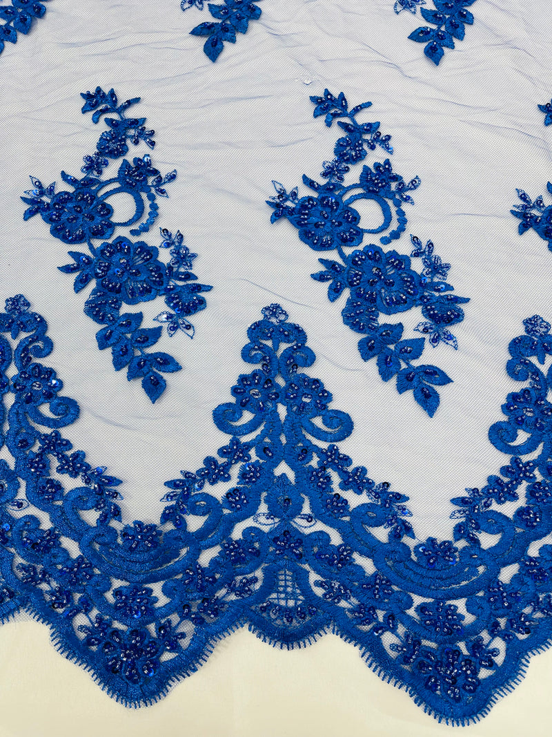 Royal Blue Beaded Fabric - Floral Beads and Sequins Embroidered on a Mesh Sold By Yard