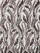 Brown Beaded Embroidered Fabric - Embroidered Heart and Feather Pattern Fabric Sold By Yard