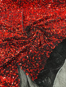 Red Sequin Fabric on Black Stretch Velvet - by the yard - Sequins Velvet 2-Way Stretch