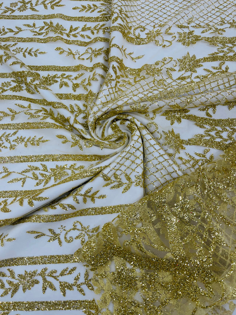 Gold Damask Design Glitter Fabric - Gold - Tulle Glitter Mesh Line Design Fabric Sold By Yard