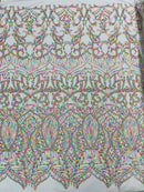 Multi Color Royalty Design Sequins Fabric on White Mesh 4 Way Stretch Sequins Fabric By Yard