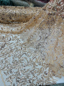 Floral Leaf Bead Fabric - Champagne - Leaf Design Shiny Beads and Sequins on Lace Mesh by Yard