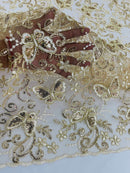 Butterfly Floral Lace Fabric - Champagne - Butterfly Flower Metallic Design on Lace Fabric By Yard