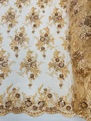 Beaded Sequins Floral Fabric - Champagne - Embroidered Beaded Floral Clusters Sequins Fabric By Yard
