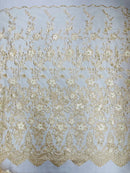 3D Scalloped Floral Fabric - Champagne - Embroidered Floral Design on Lace Sold By Yard