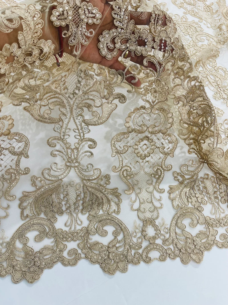 King Lace Design Fabric - Champagne - King Design with Sequins Embroidered On Mesh By Yard