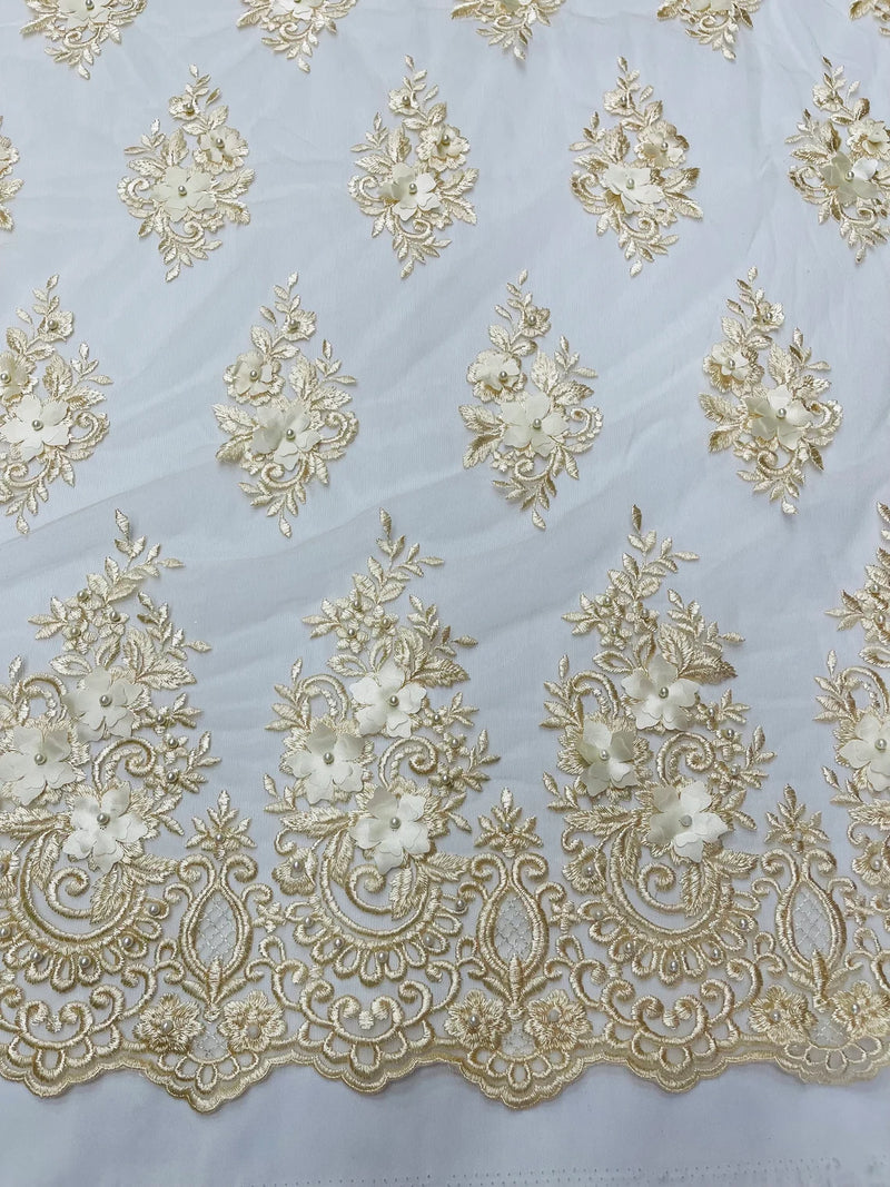 3D Floral Fabric with Pearls - Champagne - Embroidered Flower and Leaf Patterns on Lace Fabric by Yard