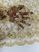 Metallic Floral Butterfly Fabric - Champagne - Embroidered Floral Butterfly Design Mesh Fabric by Yard