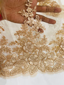 Flower 3D Corded Fabric - Champagne - Lace Mesh Fabric Embroidered Floral Design by Yard