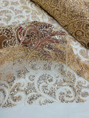 Swirl Design Bead Fabric - Champagne - Beaded Swirl Design with Sequins on Mesh Lace by Yard