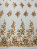 Rose Beaded Sequin Fabric - Champagne - Embroidered Floral Pattern with Beads and Sequins By Yard