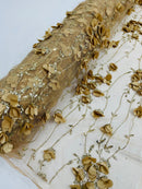 3D Floral Glitter Fabric - Champagne - 3D Sequins and Glitter Floral Design on Mesh Sold By Yard