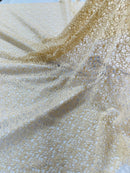 Fish Net Sequins Fabric - Champagne - Cast Net Design Sequins Embroidery Lace Fabric By Yard