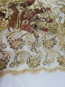 Corded Lace Flower Fabric - Champagne - Floral Design Embroidered Sequins on Mesh Lace Fabric