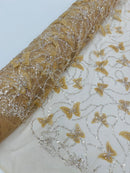 3D Butterfly Sequins Bead Fabric - Gold - Sequins Embroidered Beaded Fabric By Yard