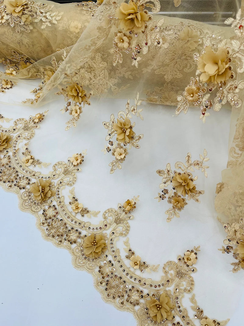 3D Floral Sequins Design - Champagne - Embroidered Floral Lace Fabric With Sequins / Pearls By Yard