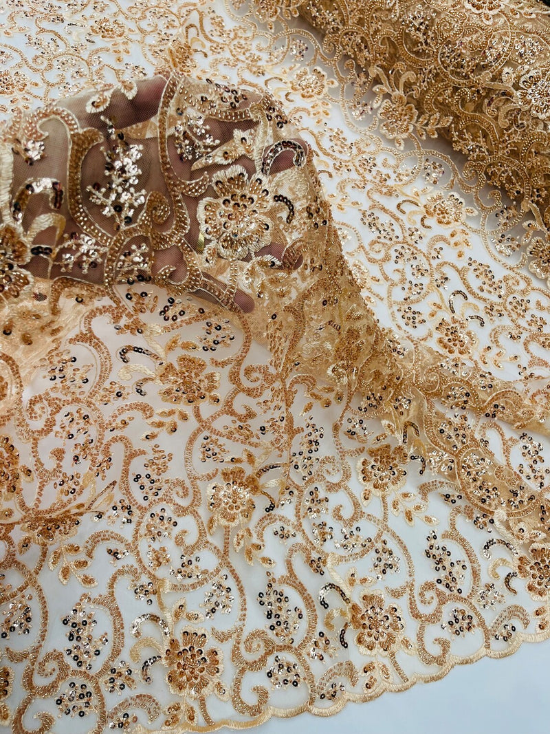 Embroidery Beaded Fabric - Champagne - Beaded Floral Bridal Embroidery Fabric Sold by the yard