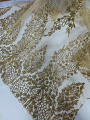 Fancy Rhinestone Glitter Fabric - Champagne - Embroidered Damask Design Glitter Mesh Fabric by Yard