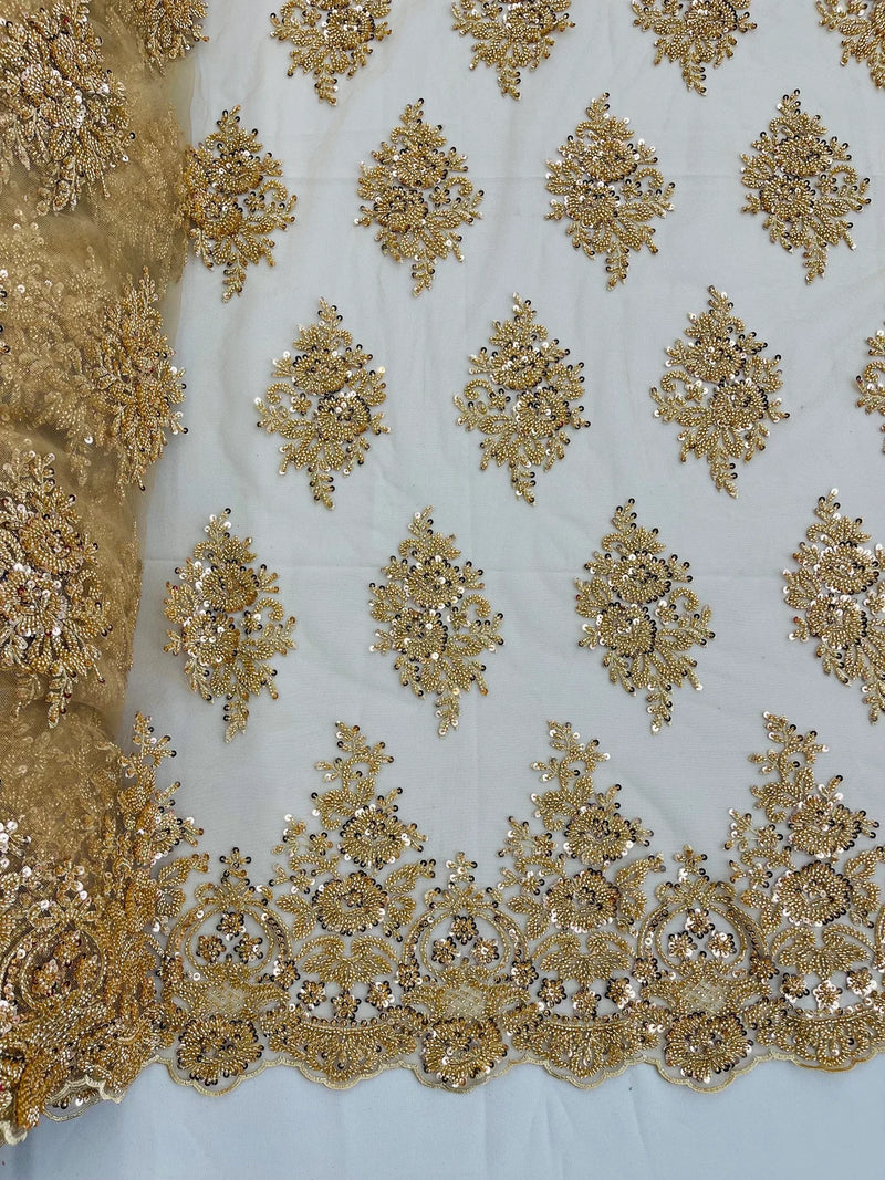 Heavy Bridal Lace Fabric - Champagne - Floral Beaded Heavy Lace Fabric Sold by Yard