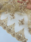 Floral Damask Bead Fabric - Champagne - Embroidered Floral Clusters with Beads / Sequins by Yard