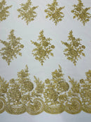 Flower Lace Sequins Fabric - Champagne - Embroidered Floral Pattern Fabric with Sequins on Lace By Yard