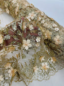 3D Glitter Floral Fabric - Champagne - Glitter Sequin Flower Design on Lace Mesh Fabric by Yard