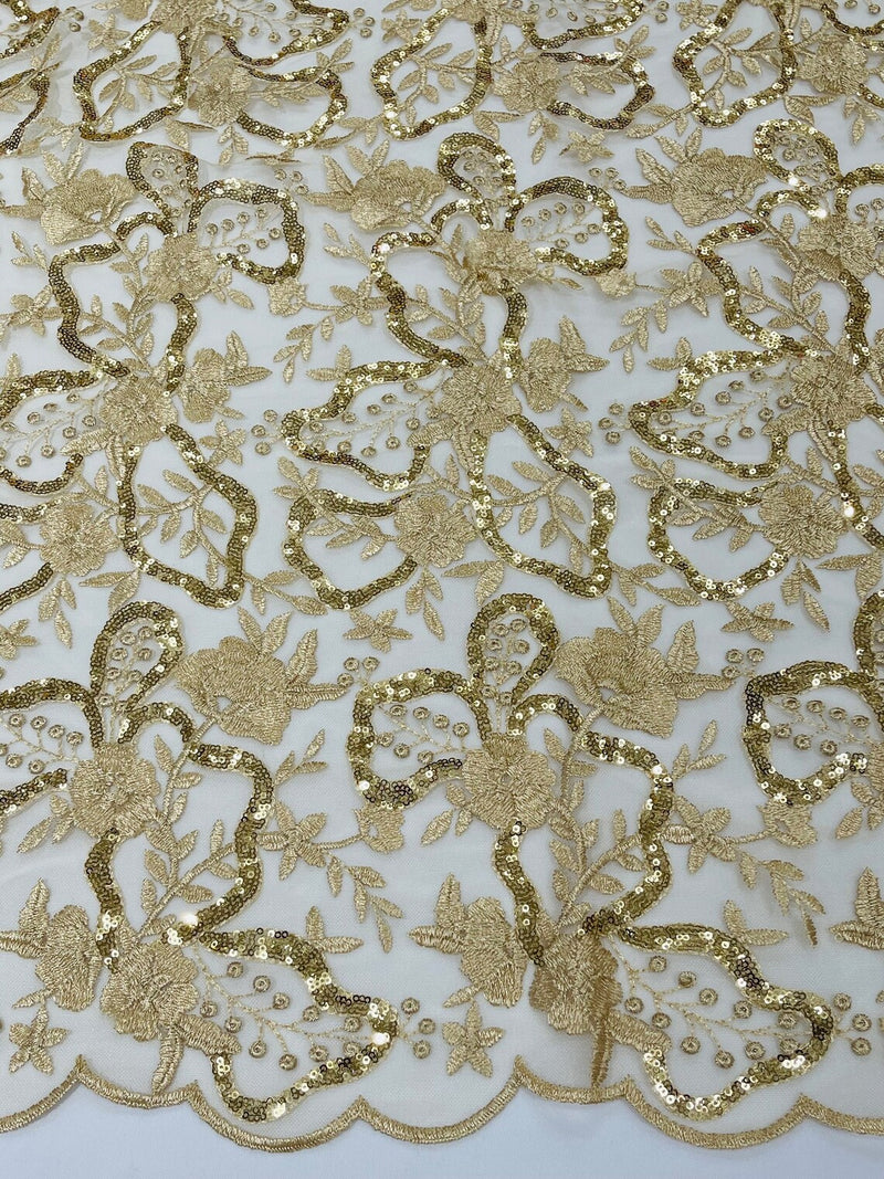 Flower Plant Sequins Fabric - Champagne - Embroidered Sequins On Flower Pattern Lace By Yard