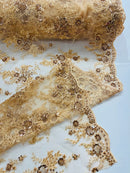 Beaded Sequins Floral Fabric - Champagne - Embroidered Beaded Floral Clusters Sequins Fabric By Yard