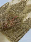 Fancy Rhinestone Glitter Fabric - Champagne - Embroidered Damask Design Glitter Mesh Fabric by Yard