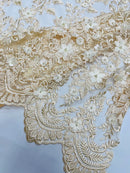 3D Scalloped Floral Fabric - Champagne - Embroidered Floral Design on Lace Sold By Yard