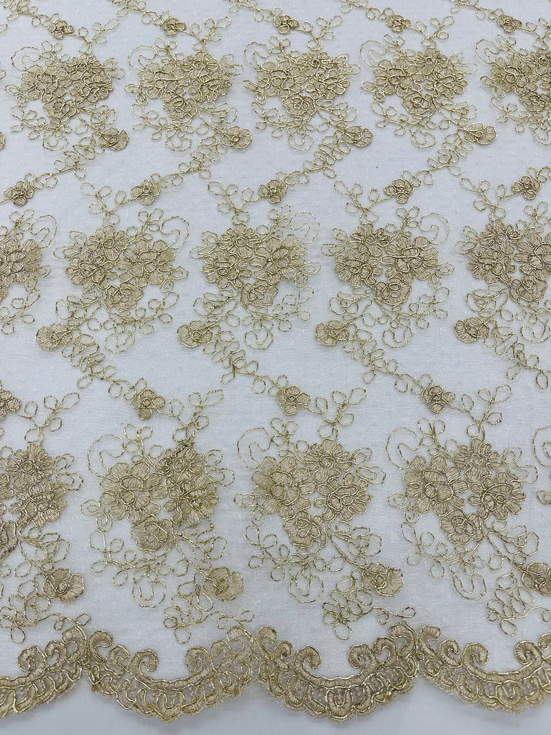 Jasmine Flower Fabric - Champagne - Embroidered Floral Design Lace Mesh Bridal Fabric By Yard