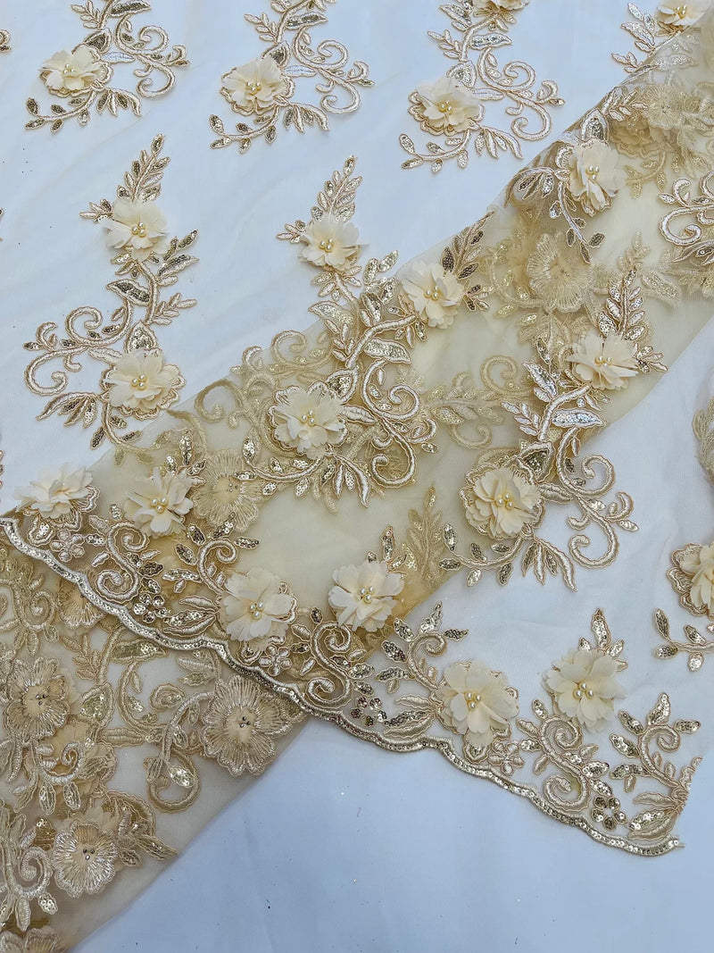 3D Floral Cluster with Border Lace - Champagne - Flower with Leaves Design 3D Fabrics Sold By Yard