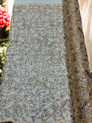 Floral Leaf Bead Fabric - Champagne - Leaf Design Shiny Beads and Sequins on Lace Mesh by Yard