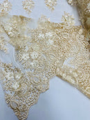 3D Floral Fabric with Pearls - Champagne - Embroidered Flower and Leaf Patterns on Lace Fabric by Yard