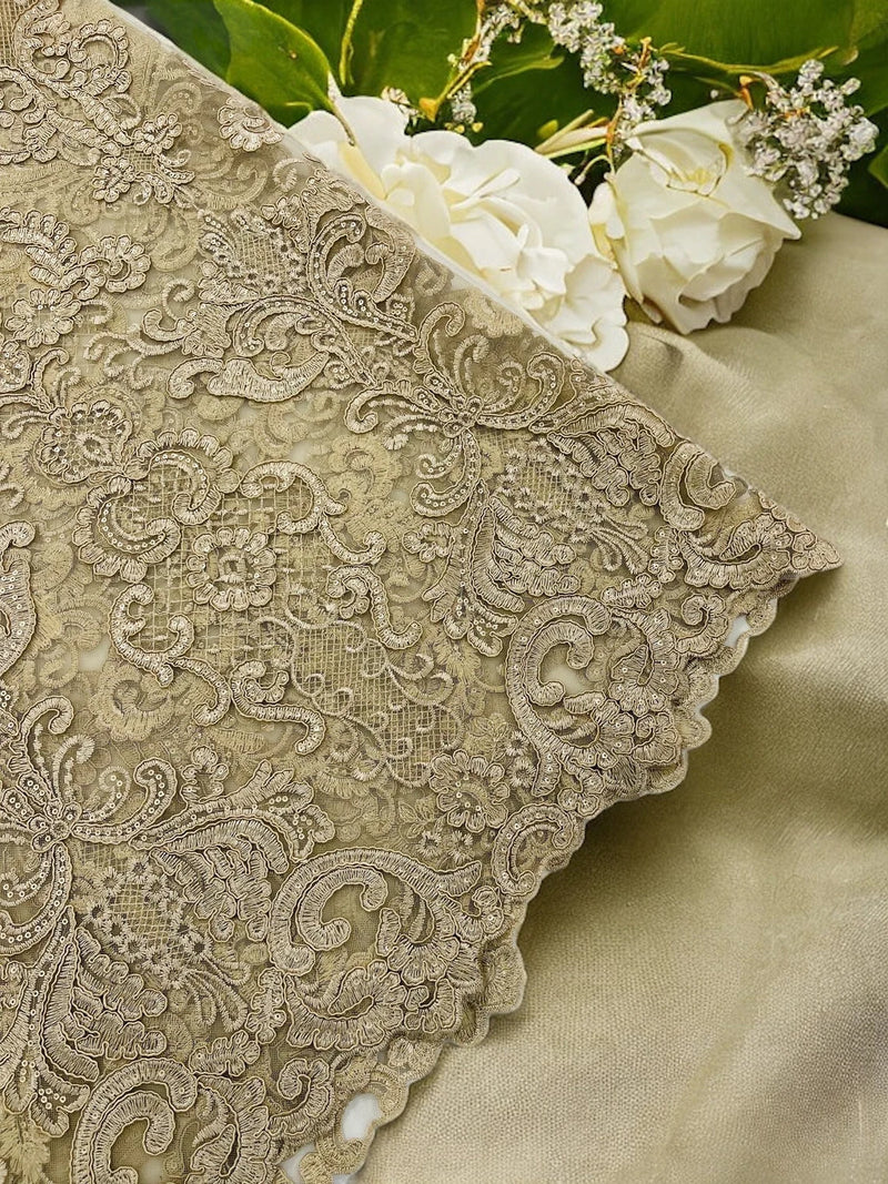 King Lace Design Fabric - Champagne - King Design with Sequins Embroidered On Mesh By Yard