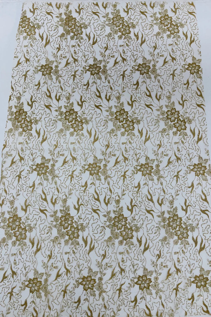 Floral Glitter Design Fabric - Champagne - 3D Glitter Tulle Flower Plant Design Fabric By Yard