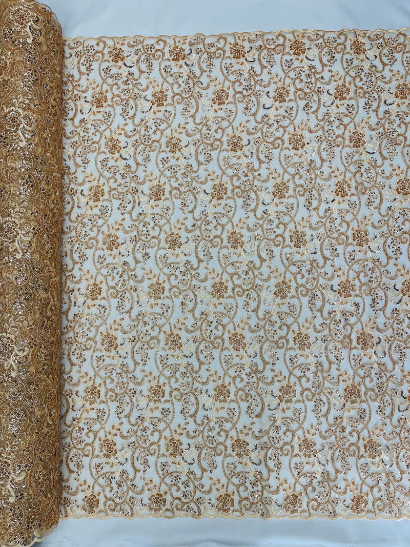 Embroidery Beaded Fabric - Champagne - Beaded Floral Bridal Embroidery Fabric Sold by the yard