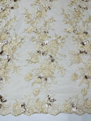 Rose Plant Design Sequins Fabric - Champagne - Embroidered Sequins Rose Pattern on Lace By Yard