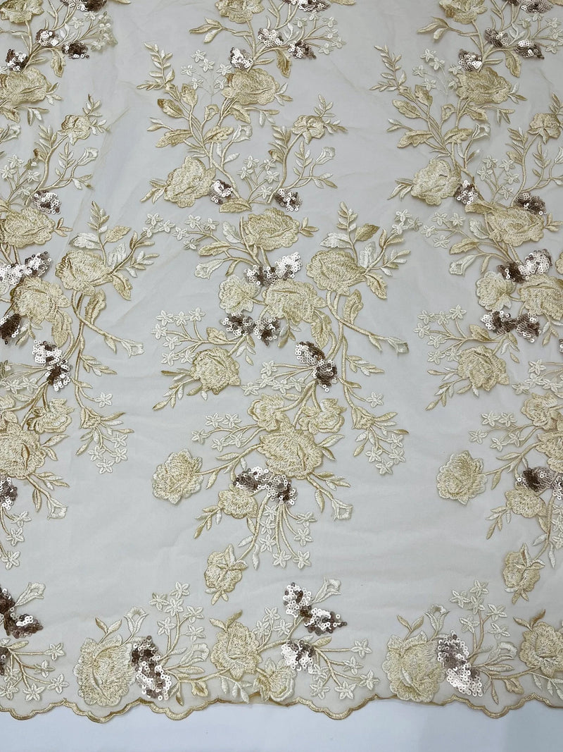 Sequin Roses Rose Plant Design Sequins Fabric - Champagne - Embroidered Sequins Ros