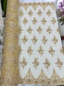 Floral Damask Bead Fabric - Champagne - Embroidered Floral Clusters with Beads / Sequins by Yard