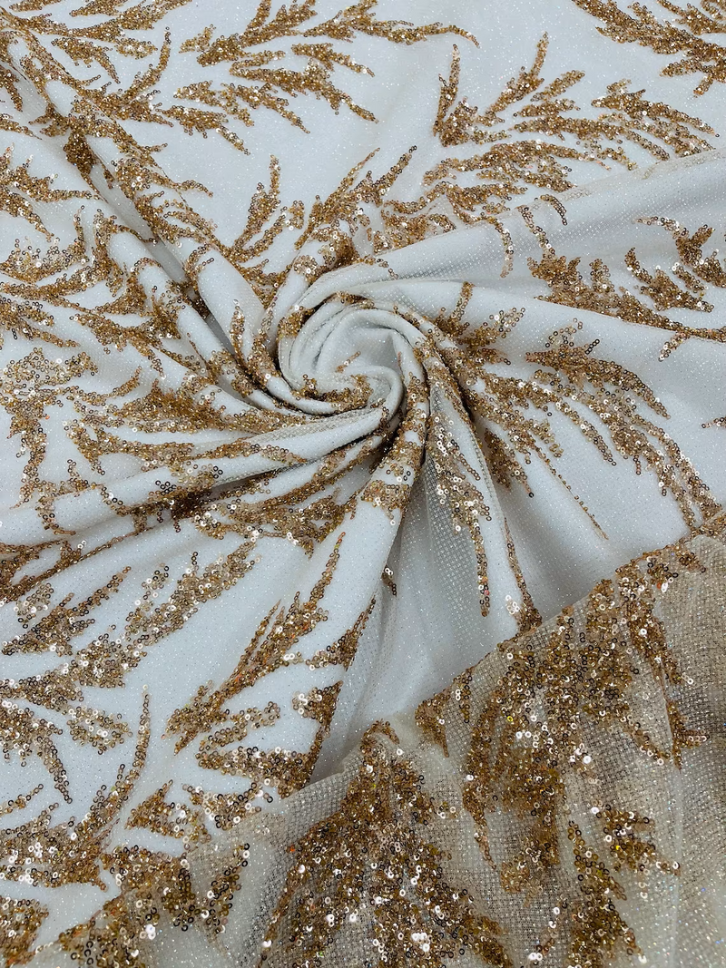 Plant Cluster Glitter Fabric - Rose Gold - Beaded Embroidered Leaf Plant Design on Lace Mesh By Yard