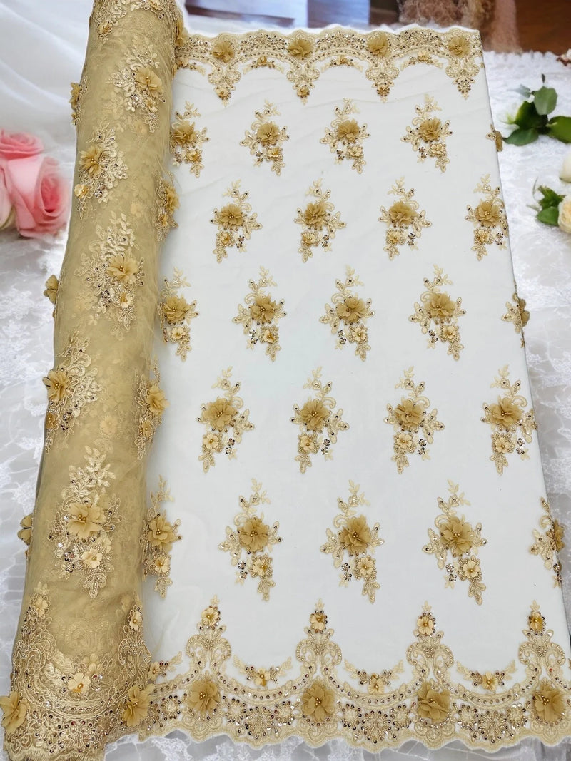 3D Floral Sequins Design - Champagne - Embroidered Floral Lace Fabric With Sequins / Pearls By Yard