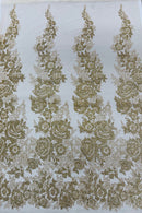 Rose Tulle Glitter Design Fabric - Champagne - 3D Glitter Tulle Rose Plant Design Fabric By Yard